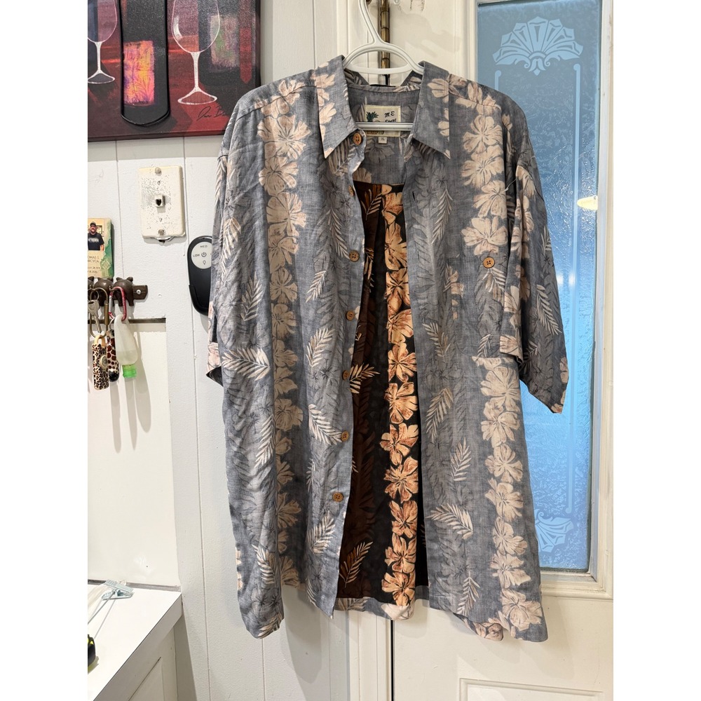 M.E. Sport Mens XL Hawaiian Shirt Rayon Floral Palm Leaf Short Sleeve Blue Grey